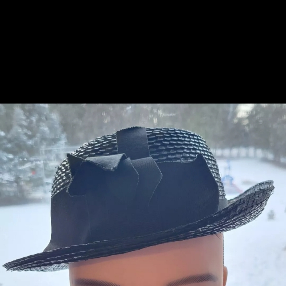 Black Woven Hat with Bow Accent